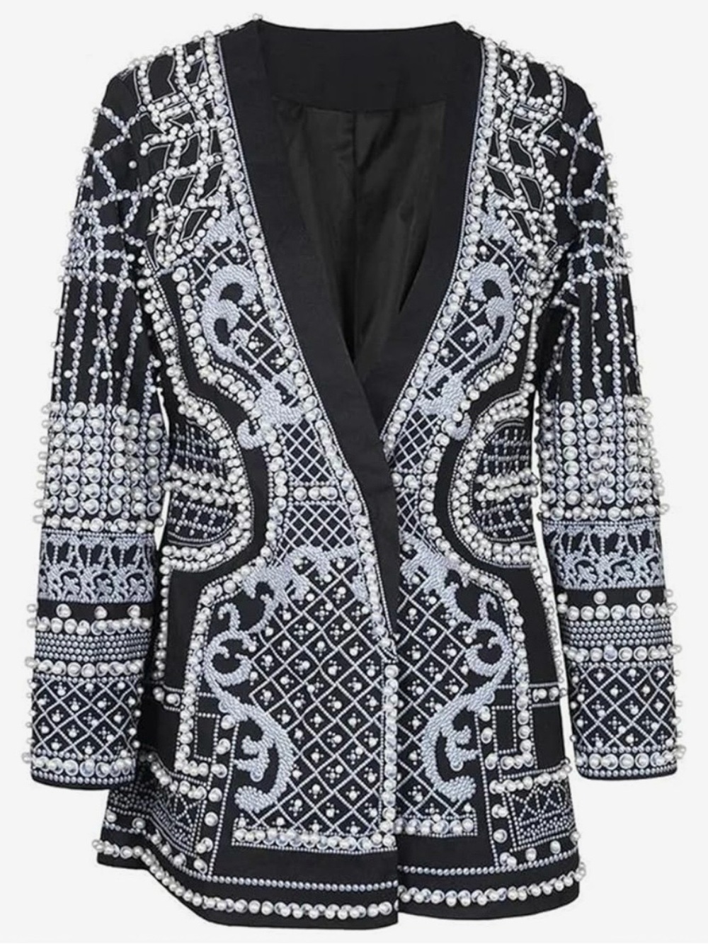 #719 Elegant Pearl Beaded Black & White Beaded Blazer/Dress. Like New - Picture 3 of 16